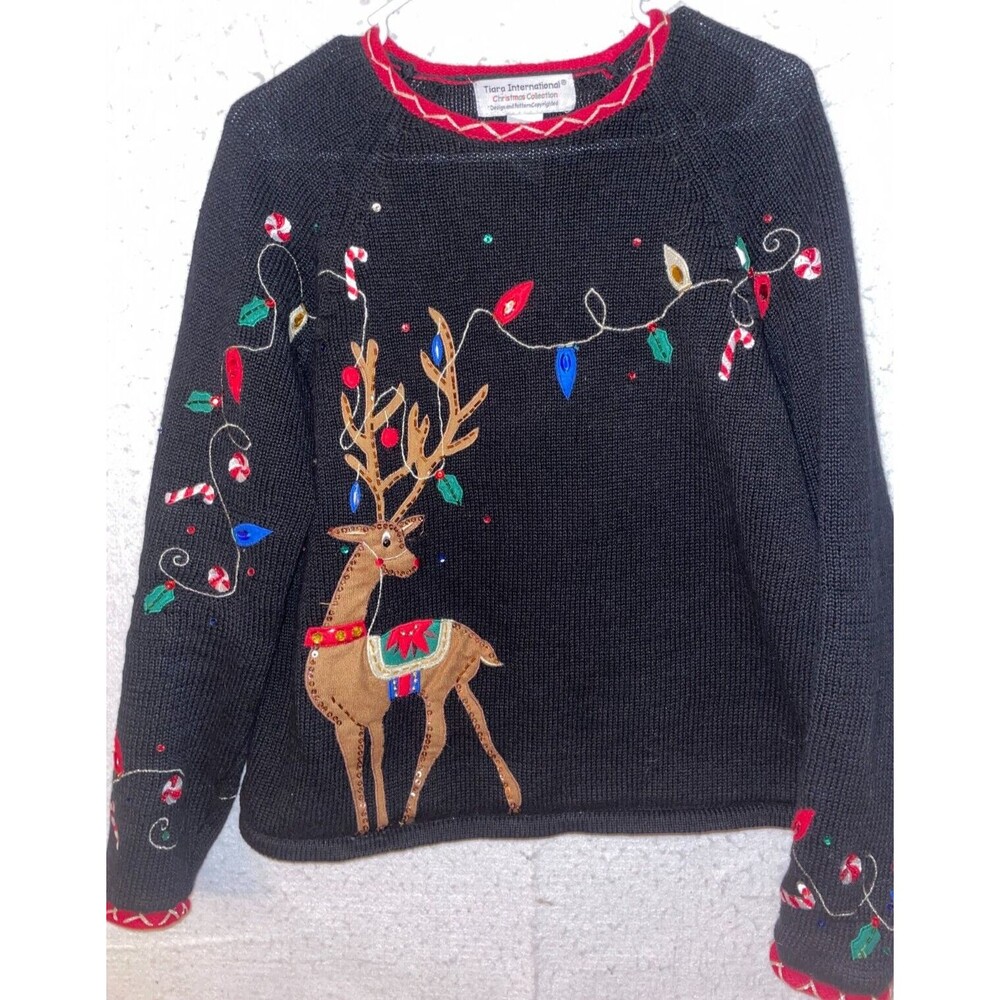 Vtg 90s Tiara International Ugly Christmas Reindeer Black Sweater L Bling Womens